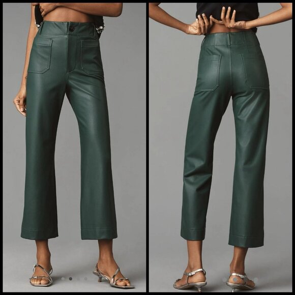 Anthropologie Maeve Colette Crop Wide Leg Pants Faux Vegan Leather Dark Green - Picture 1 of 16
